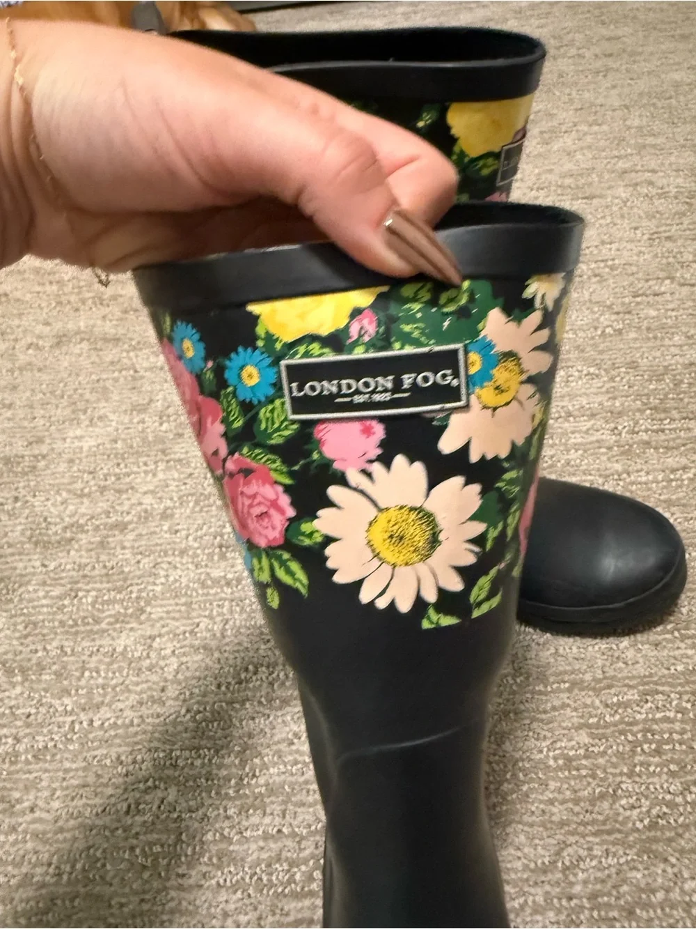London Fog Black Rain Boots with Pink, Yellow & Blue Floral Cuff